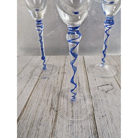 Pier 1 Set of 3 Wine Champagne Glasses 9 1/4" Tall Blue Ribbon Stem - Picture 2 of 7
